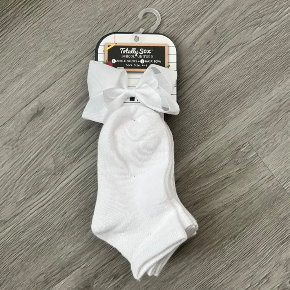 3 For $15 Totally Sox Girl's White School Uniform Ankle Socks and Hair Bow Sock